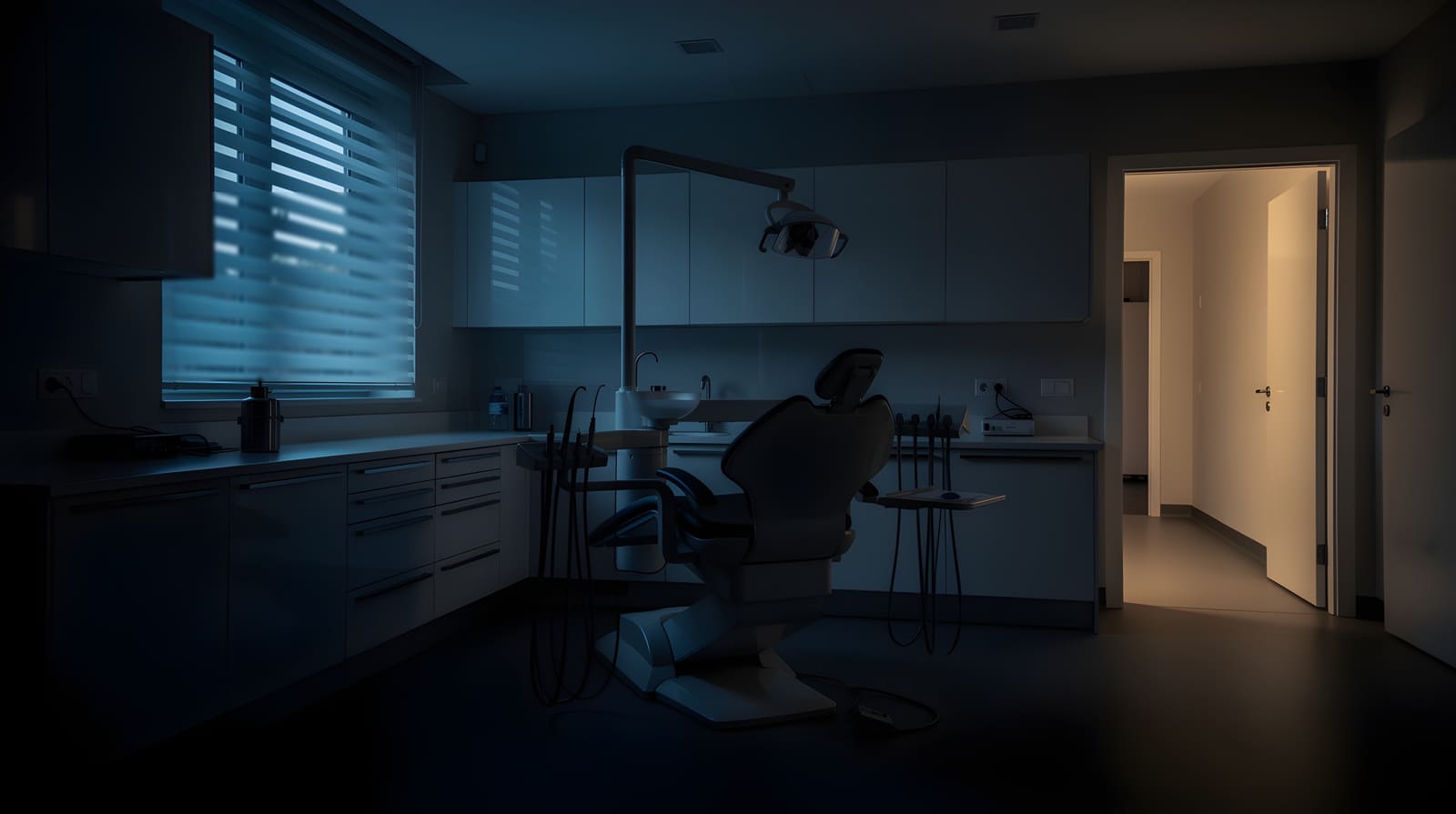 Dental surgery at night, chair and instruments in darkness