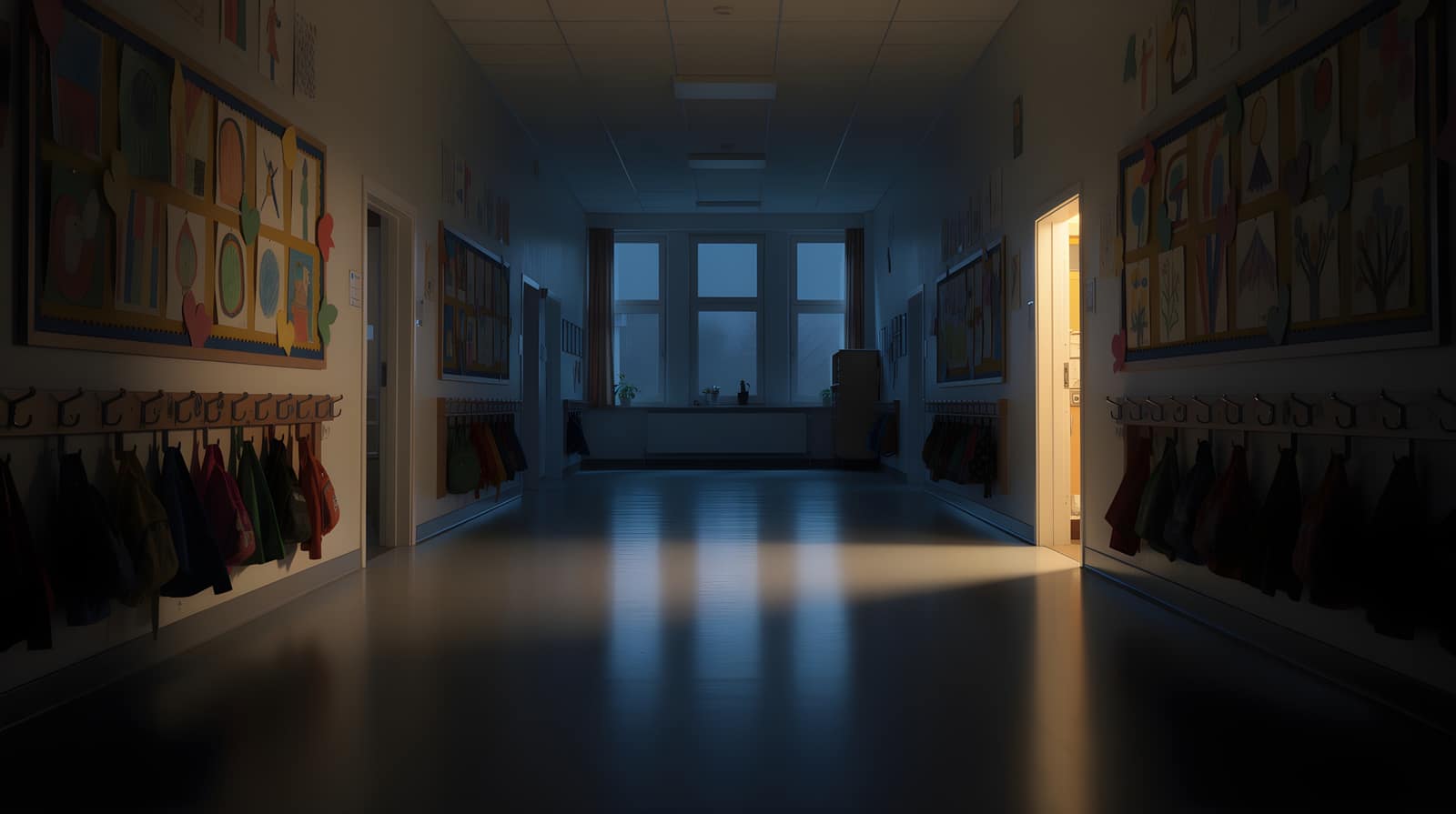 School cloakroom corridor at night, coat pegs and children's artwork in darkness