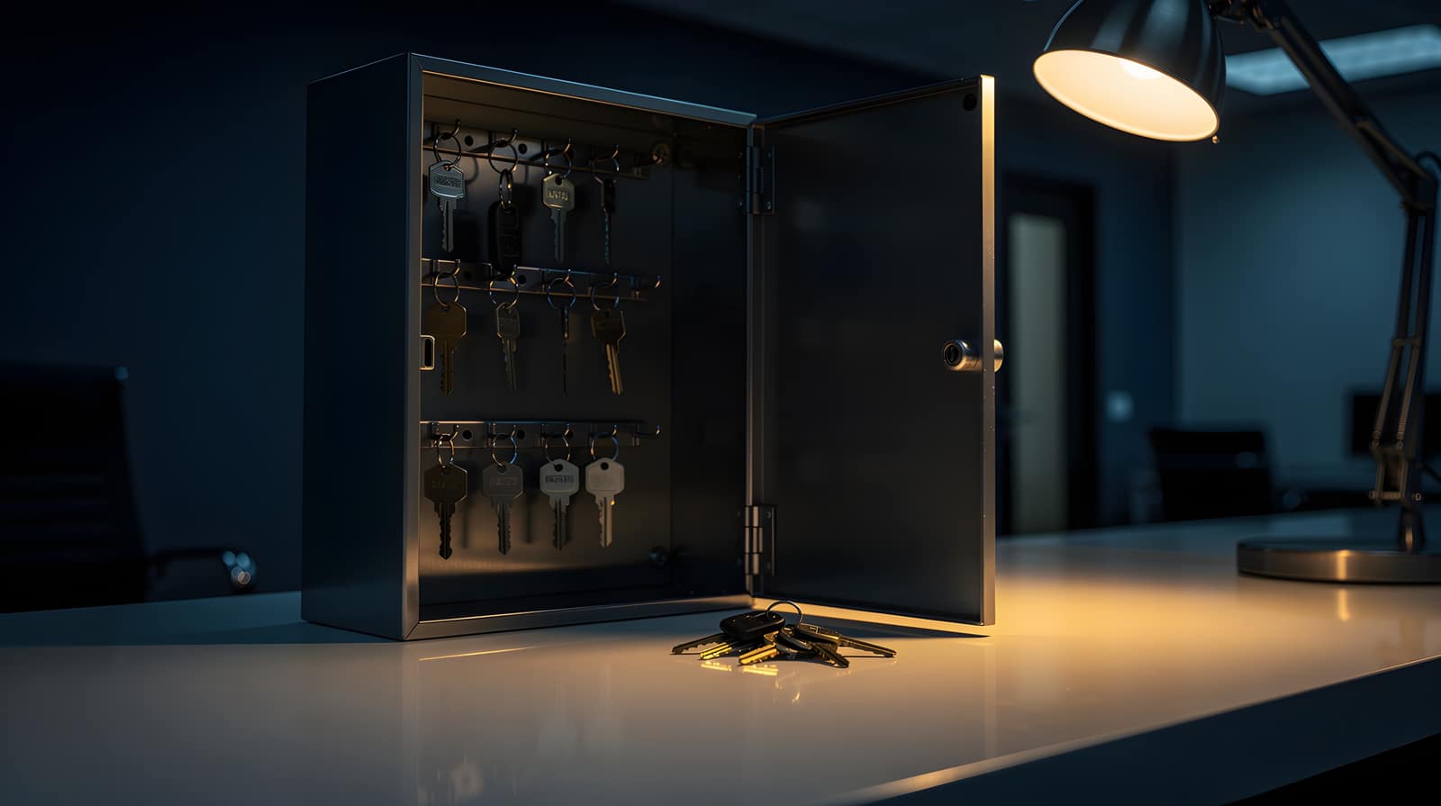 Open key cabinet under a desk lamp at night, a set of keys on the counter